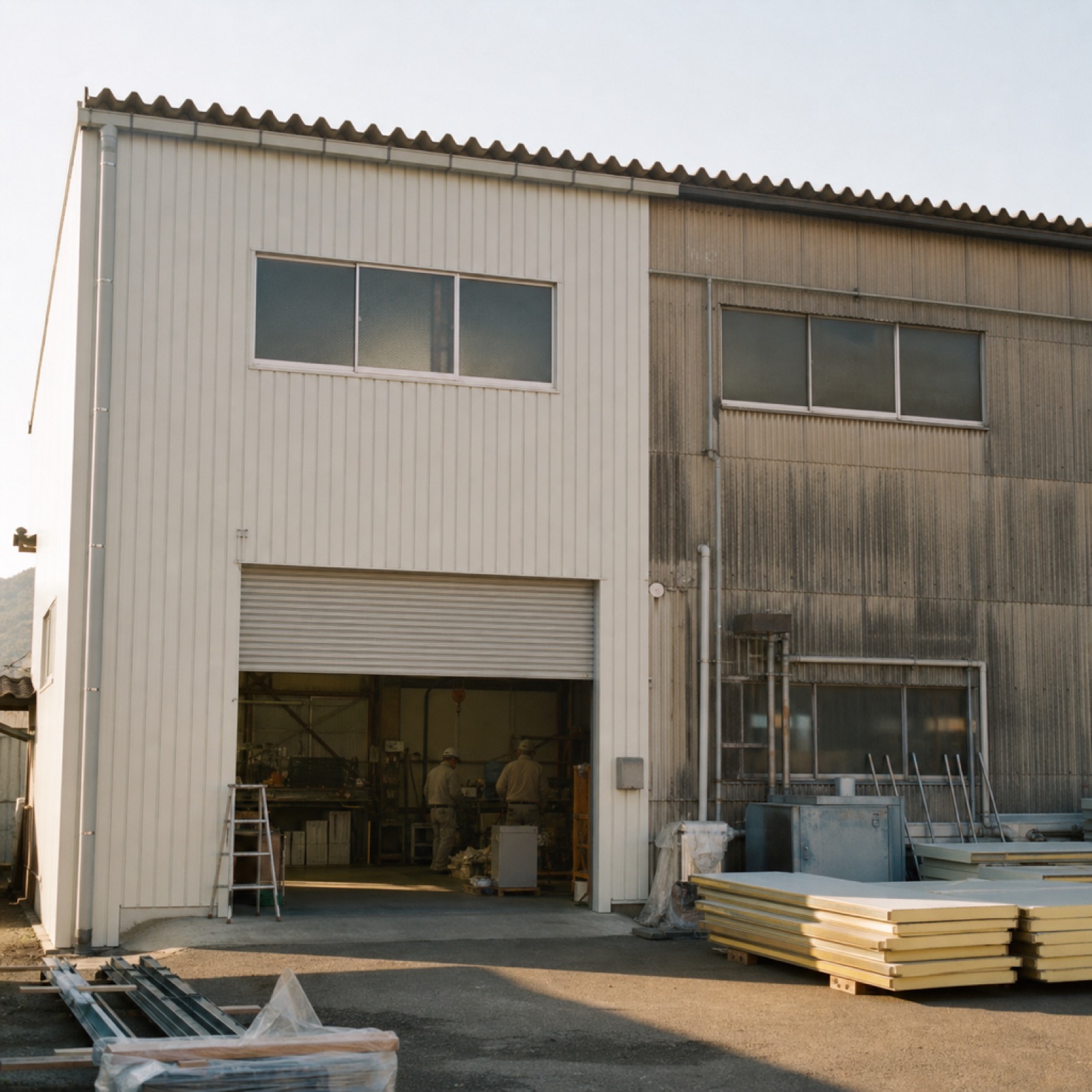 工場の外壁の張り替え。建屋の半分が新しい外装材に替わっている