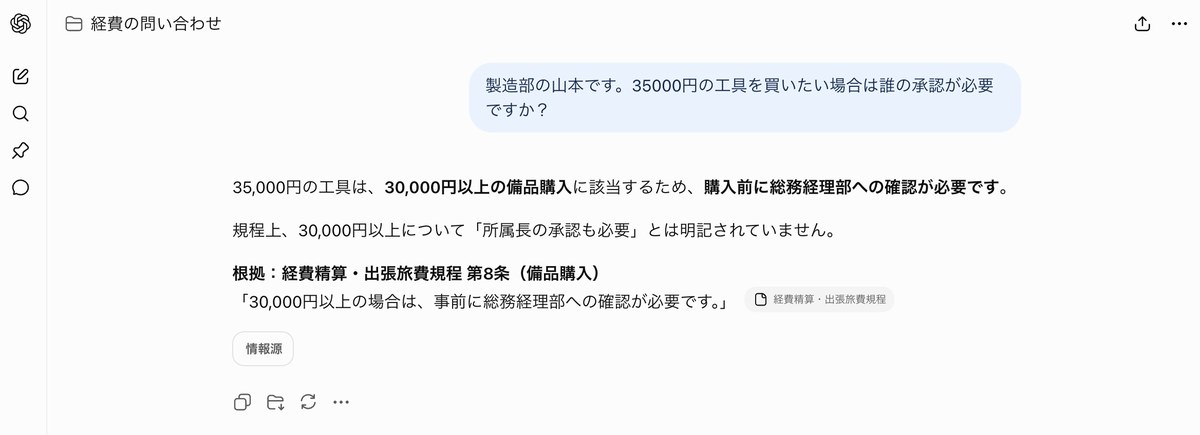 ChatGPTのプロジェクト「経費の問い合わせ」の画面。社員からの「35000円の工具を買いたい場合は誰の承認が必要ですか？」という質問に対し、「35,000円の工具は、30,000円以上の備品購入に該当するため、購入前に総務経理部への確認が必要です」と回答し、「規程上、30,000円以上について『所属長の承認も必要』とは明記されていません」と続けている。その下に根拠として「経費精算・出張旅費規程 第8条（備品購入）」と条文の引用、参照した情報源のファイル名が表示されている。