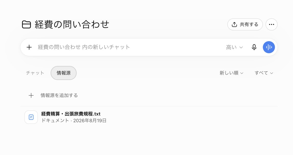ChatGPTのプロジェクト「経費の問い合わせ」の画面。入力欄の下に「チャット」「情報源」のタブが並び、「情報源」が選ばれている。「情報源を追加する」の下に、読ませた「経費精算・出張旅費規程.txt」が1つだけ入っている。
