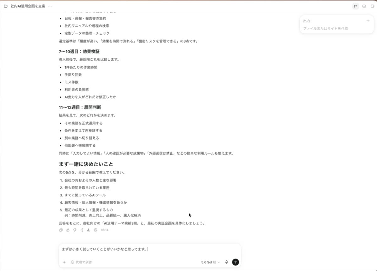 最初の相談への返答。1〜2週目の現状把握から11〜12週目の展開判断までの計画が並び、最後に「まず一緒に決めたいこと」として、会社の困りごと、時間を取られている業務、AIのルールなど5項目が挙げられている。